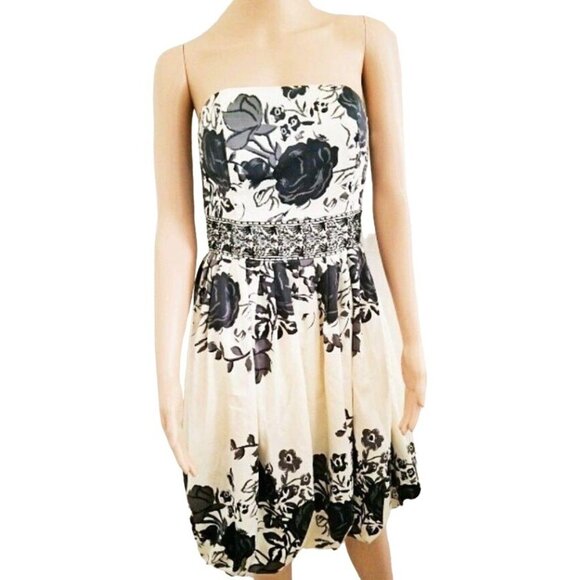 Forever 21 Women's Black Floral Beaded Waist Strapless Bubble Dress Size Medium - Picture 3 of 13